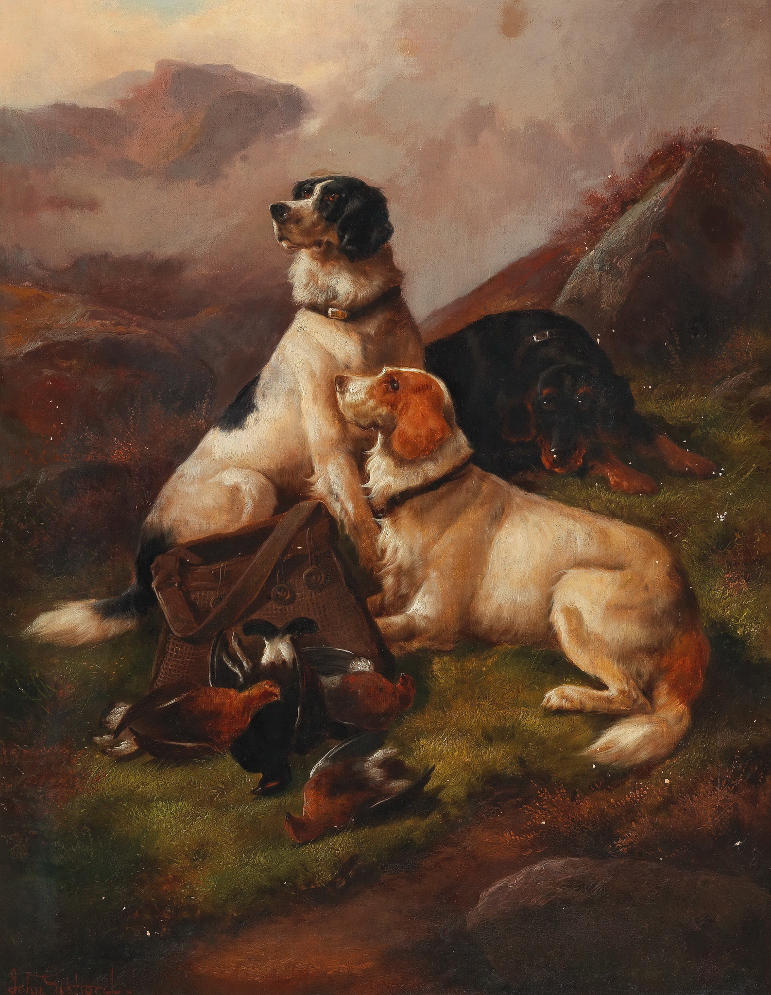 在蘇格蘭高地，獵犬守在獵物旁